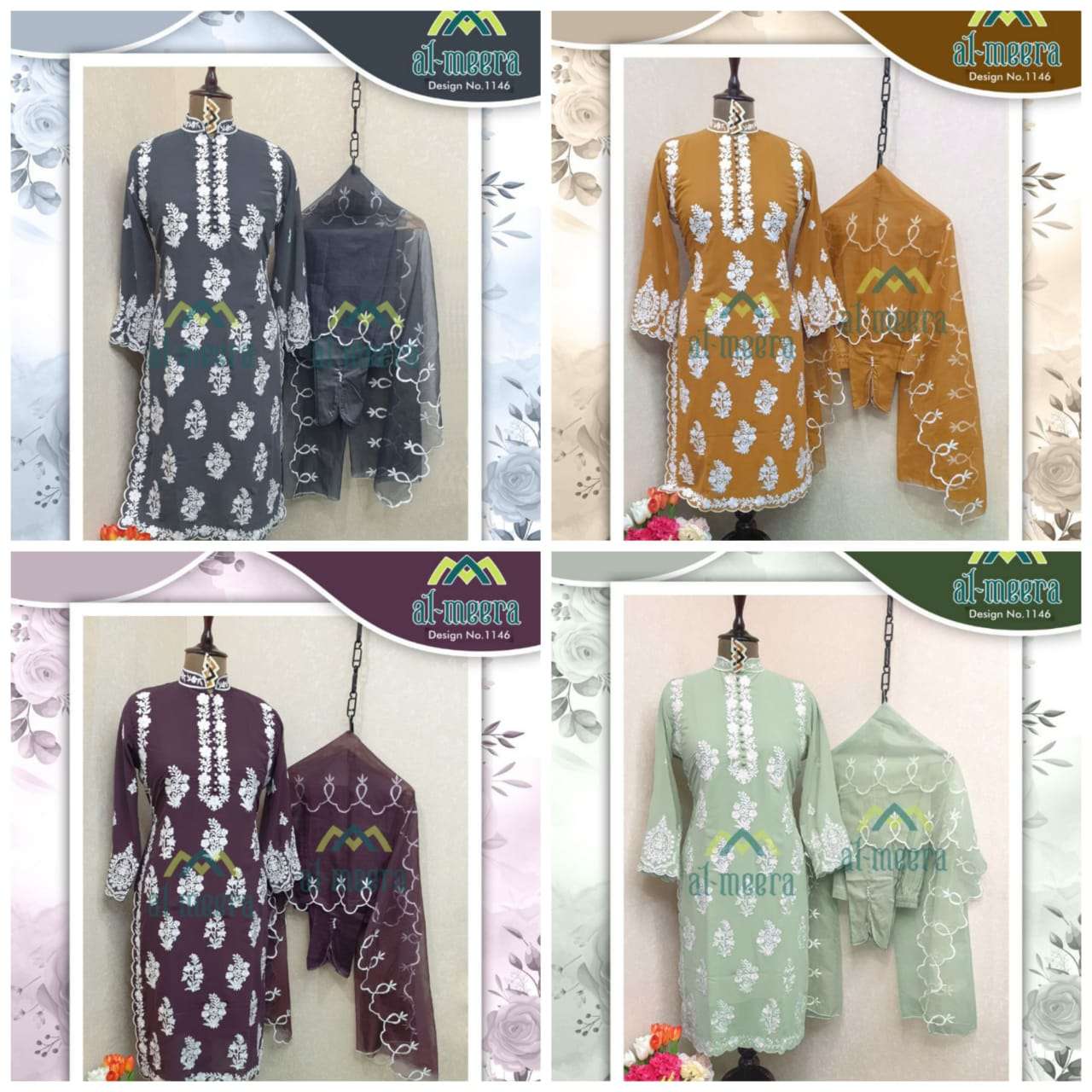 AL-MEERA HIT DESIGN 1146 COLOURS VOL-2 BY AL-MEERA 1146-D TO 1146-G SERIES BEAUTIFUL PAKISTANI SUITS COLORFUL STYLISH FANCY CASUAL WEAR & ETHNIC WEAR FAUX GEORGETTE EMBROIDERED DRESSES AT WHOLESALE PRICE