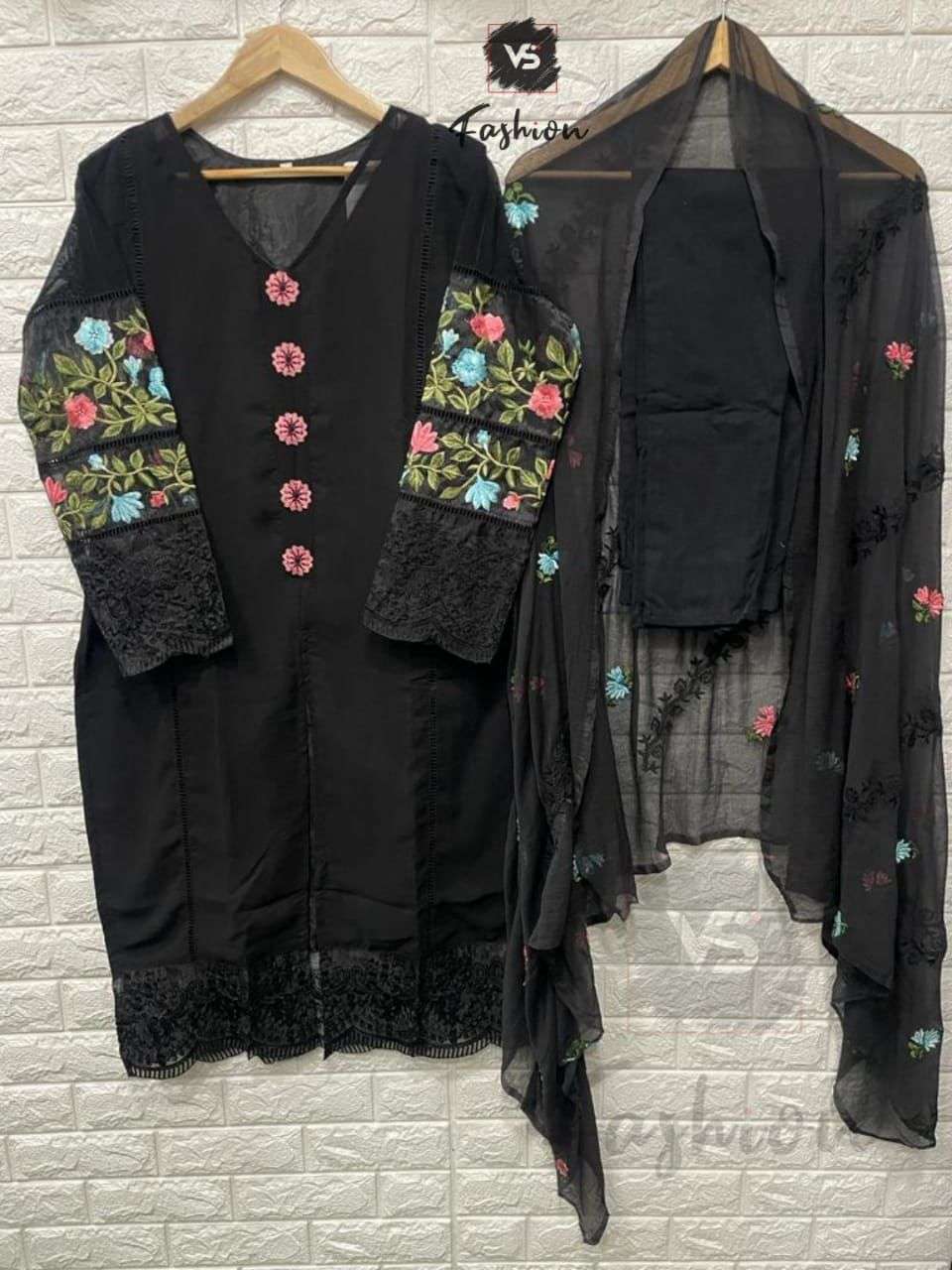 V S FASHION HIT DESIGN 607 COLOURS BY V S FASHION 607-A TO 607-C SERIES DESIGNER PAKISTANI SUITS COLLECTION BEAUTIFUL STYLISH COLORFUL FANCY PARTY WEAR & OCCASIONAL WEAR FAUX GEORGETTE DRESSES AT WHOLESALE PRICE