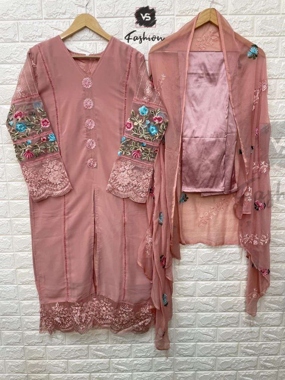 V S FASHION HIT DESIGN 607 COLOURS BY V S FASHION 607-A TO 607-C SERIES DESIGNER PAKISTANI SUITS COLLECTION BEAUTIFUL STYLISH COLORFUL FANCY PARTY WEAR & OCCASIONAL WEAR FAUX GEORGETTE DRESSES AT WHOLESALE PRICE