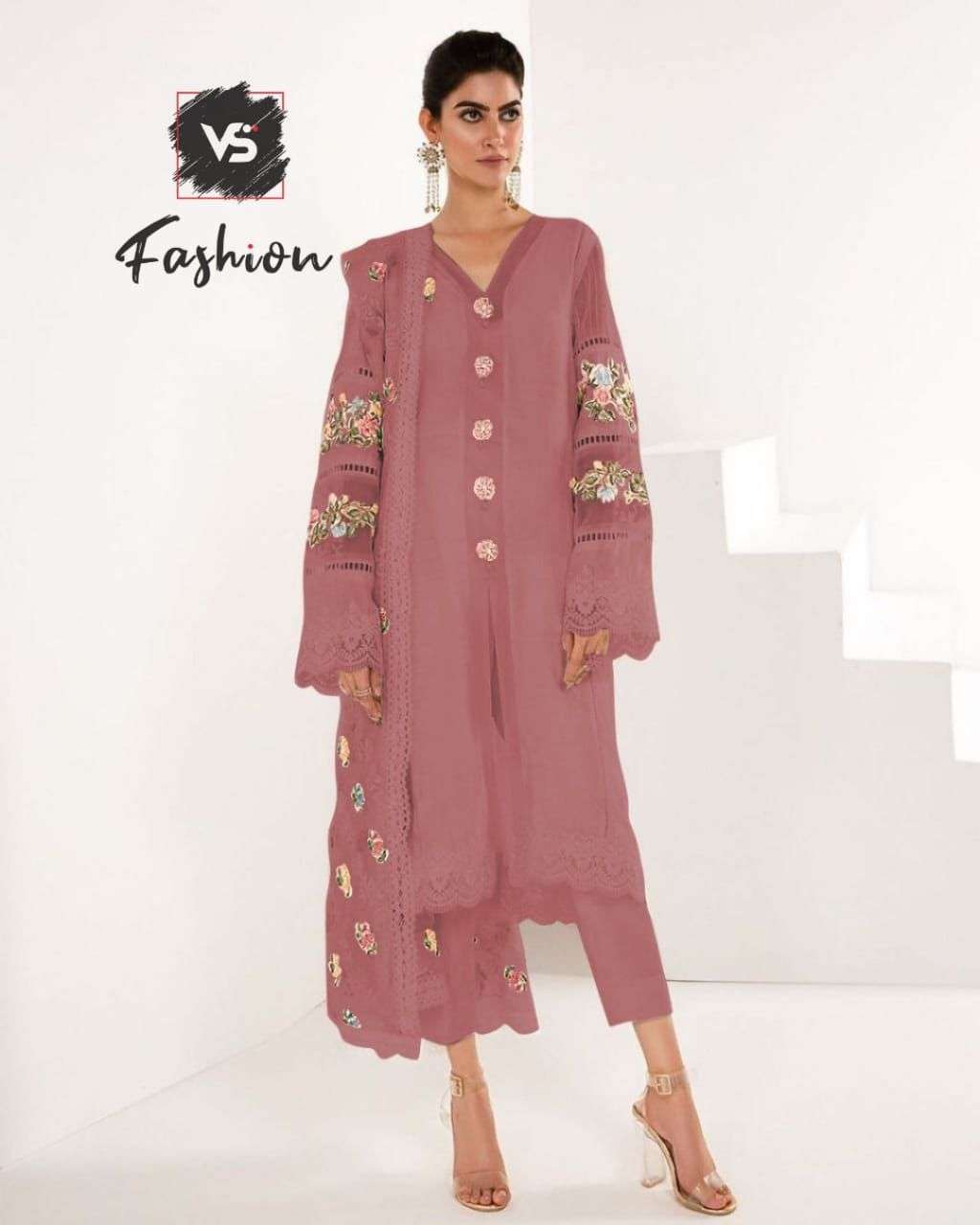 V S FASHION HIT DESIGN 607 COLOURS BY V S FASHION 607-A TO 607-C SERIES DESIGNER PAKISTANI SUITS COLLECTION BEAUTIFUL STYLISH COLORFUL FANCY PARTY WEAR & OCCASIONAL WEAR FAUX GEORGETTE DRESSES AT WHOLESALE PRICE