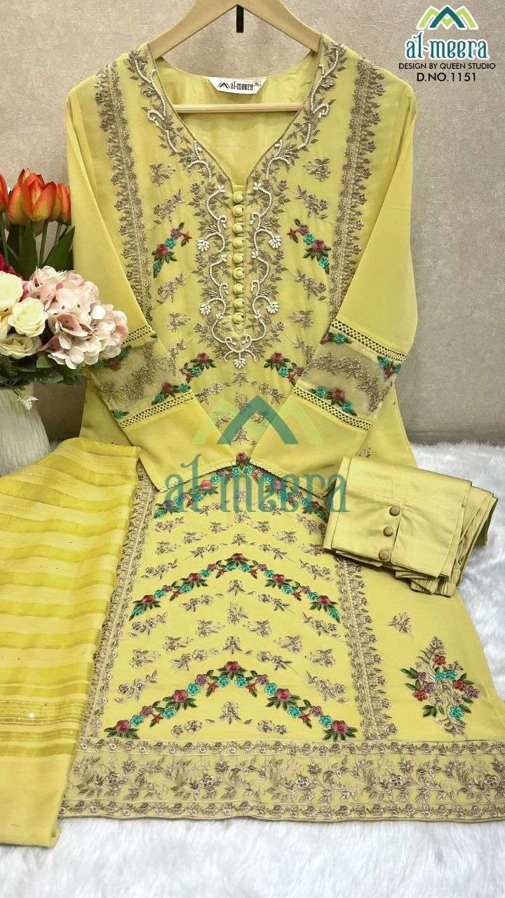 AL-MEERA HIT DESIGN 1151 COLOURS BY AL-MEERA 1151-A TO 1151-C SERIES BEAUTIFUL PAKISTANI SUITS COLORFUL STYLISH FANCY CASUAL WEAR & ETHNIC WEAR FAUX GEORGETTE EMBROIDERED DRESSES AT WHOLESALE PRICE