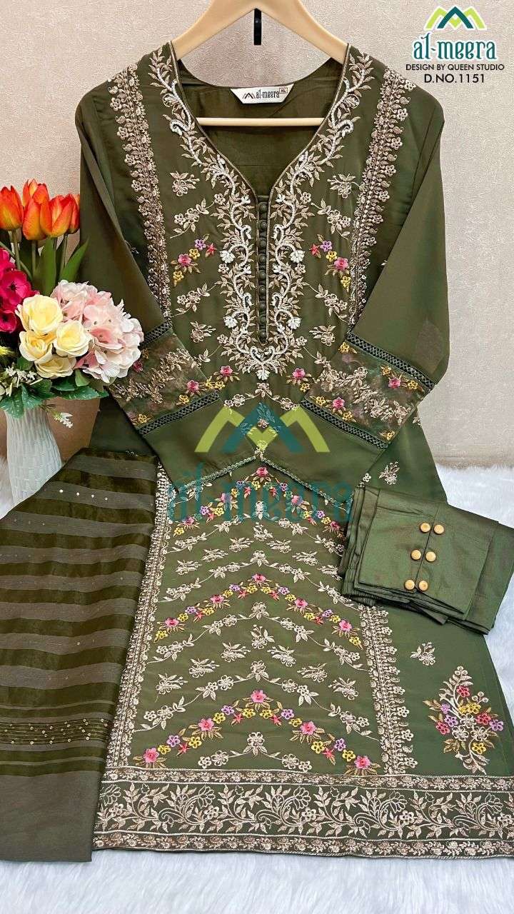 AL-MEERA HIT DESIGN 1151 COLOURS BY AL-MEERA 1151-A TO 1151-C SERIES BEAUTIFUL PAKISTANI SUITS COLORFUL STYLISH FANCY CASUAL WEAR & ETHNIC WEAR FAUX GEORGETTE EMBROIDERED DRESSES AT WHOLESALE PRICE