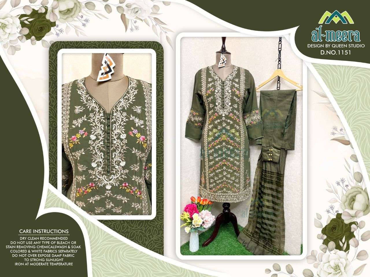 AL-MEERA HIT DESIGN 1151 COLOURS BY AL-MEERA 1151-A TO 1151-C SERIES BEAUTIFUL PAKISTANI SUITS COLORFUL STYLISH FANCY CASUAL WEAR & ETHNIC WEAR FAUX GEORGETTE EMBROIDERED DRESSES AT WHOLESALE PRICE