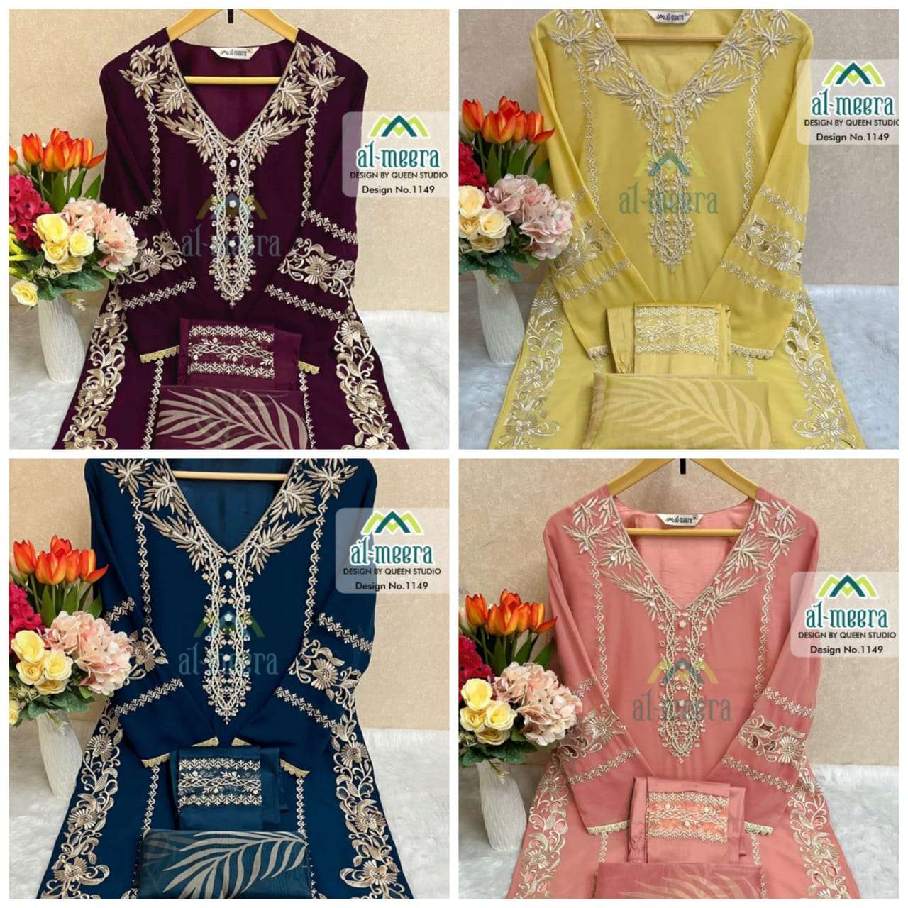 AL-MEERA HIT DESIGN 1149 COLOURS BY AL-MEERA 1149-A TO 1149-D SERIES BEAUTIFUL PAKISTANI SUITS COLORFUL STYLISH FANCY CASUAL WEAR & ETHNIC WEAR FAUX GEORGETTE EMBROIDERED DRESSES AT WHOLESALE PRICE