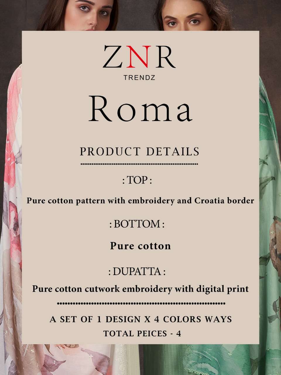 ROMA BY ZNR TRENDZ A TO D SERIES DESIGNER SUITS BEAUTIFUL FANCY COLORFUL STYLISH PARTY WEAR & OCCASIONAL WEAR PURE COTTON DRESSES AT WHOLESALE PRICE