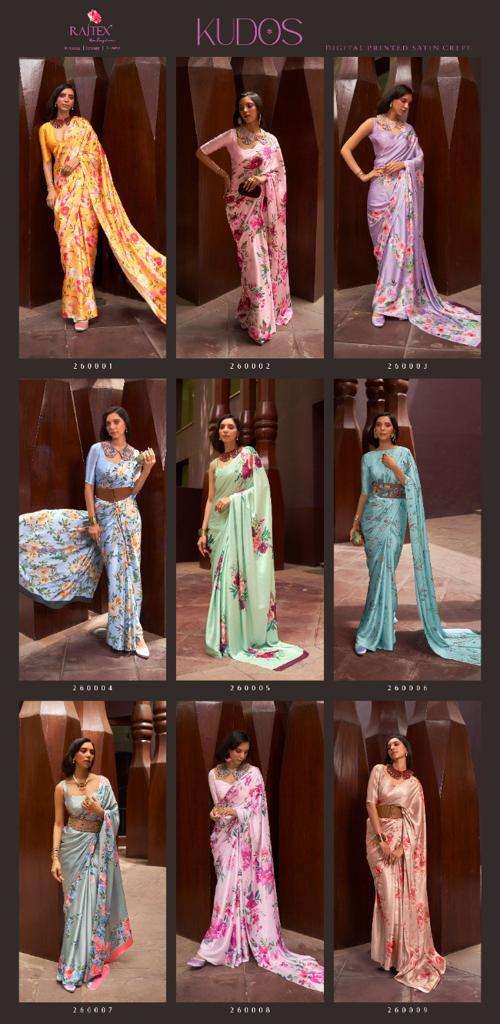 Kudos By Raj Tex 260001 To 260009 Series Indian Traditional Wear Collection Beautiful Stylish Fancy Colorful Party Wear & Occasional Wear Satin Crepe Sarees At Wholesale Price
