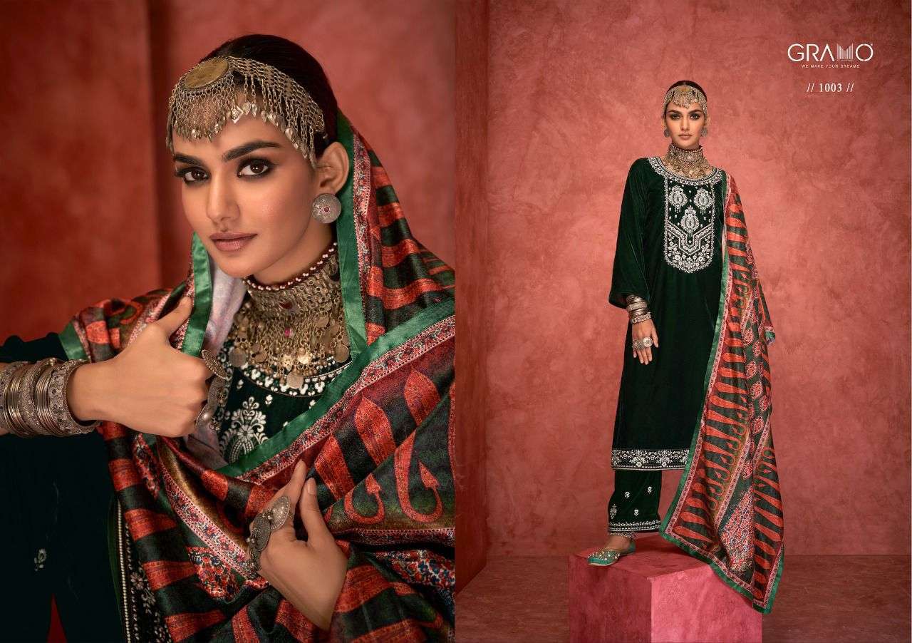 VELVET VOL-5 BY GRAMO 1001 TO 1004 SERIES BEAUTIFUL SUITS COLORFUL STYLISH FANCY CASUAL WEAR & ETHNIC WEAR VELVET DRESSES AT WHOLESALE PRICE