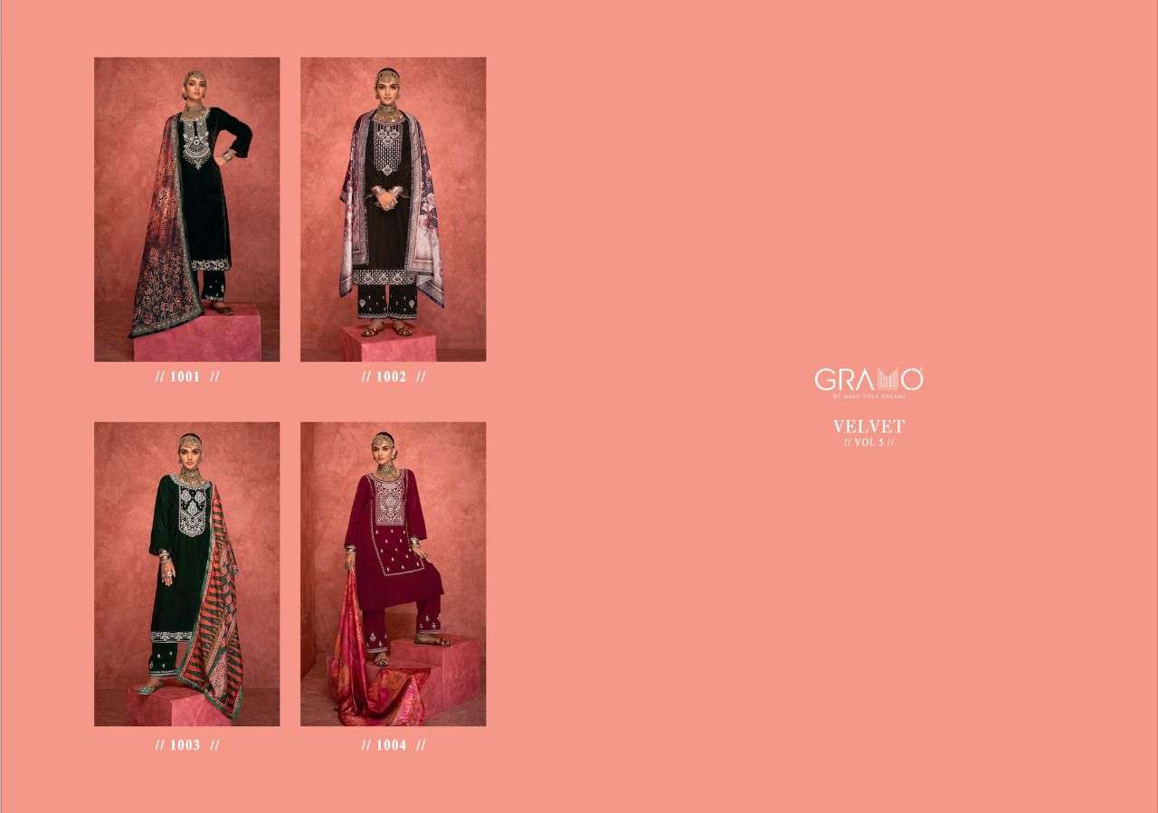 VELVET VOL-5 BY GRAMO 1001 TO 1004 SERIES BEAUTIFUL SUITS COLORFUL STYLISH FANCY CASUAL WEAR & ETHNIC WEAR VELVET DRESSES AT WHOLESALE PRICE