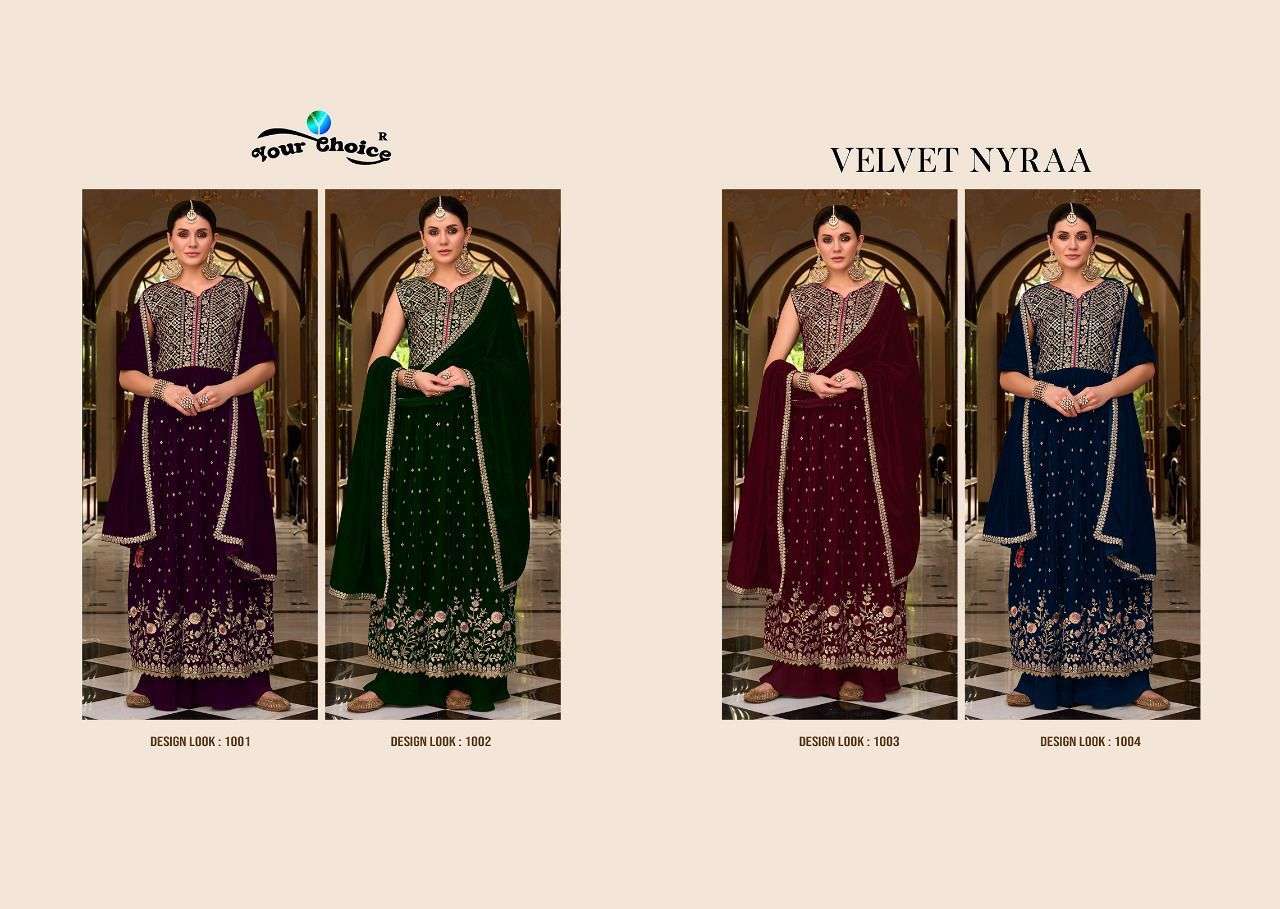 Velvet Nyraa By Your Choice 1001 To 1004 Series Beautiful Sharara Suits Colorful Stylish Fancy Casual Wear & Ethnic Wear Velvet Dresses At Wholesale Price