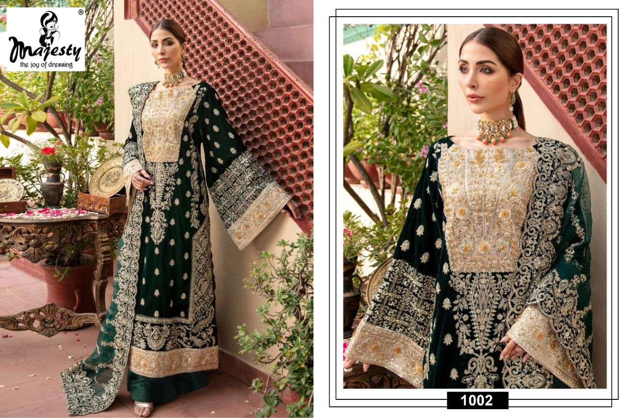ANAYA VELVET BY MAJESTY 1001 TO 1006 SERIES PAKISTANI SUITS BEAUTIFUL FANCY COLORFUL STYLISH PARTY WEAR & OCCASIONAL WEAR VELVET EMBROIDERED DRESSES AT WHOLESALE PRICE