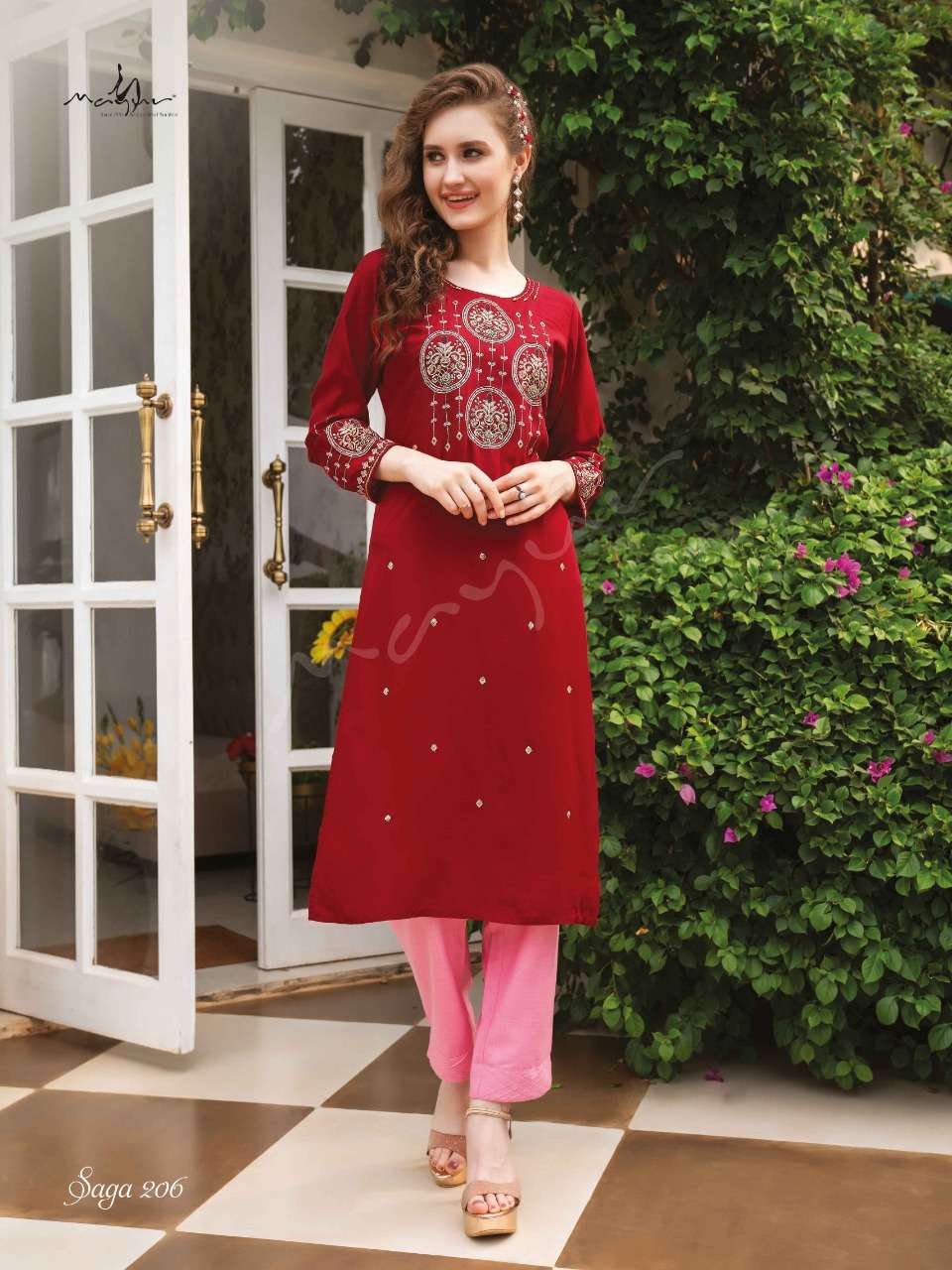 SAGA VOL-2 BY MAYUR 201 TO 208 SERIES DESIGNER STYLISH FANCY COLORFUL BEAUTIFUL PARTY WEAR & ETHNIC WEAR COLLECTION RAYON KURTIS AT WHOLESALE PRICE