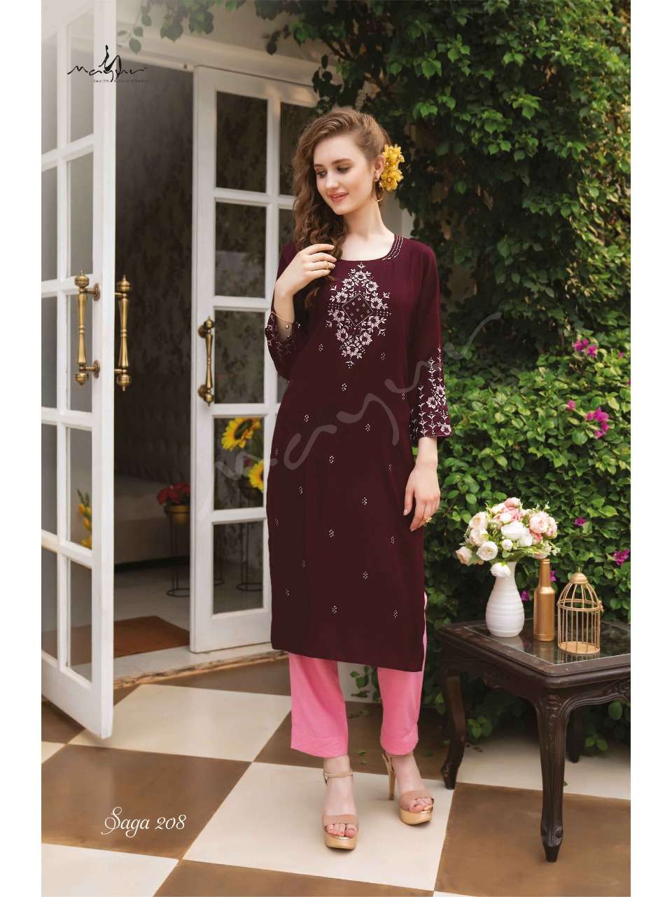 SAGA VOL-2 BY MAYUR 201 TO 208 SERIES DESIGNER STYLISH FANCY COLORFUL BEAUTIFUL PARTY WEAR & ETHNIC WEAR COLLECTION RAYON KURTIS AT WHOLESALE PRICE
