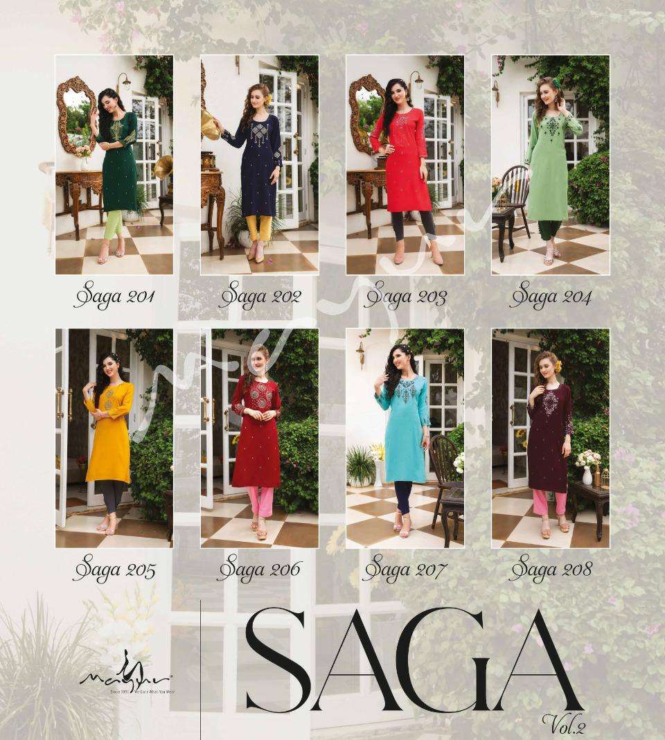 SAGA VOL-2 BY MAYUR 201 TO 208 SERIES DESIGNER STYLISH FANCY COLORFUL BEAUTIFUL PARTY WEAR & ETHNIC WEAR COLLECTION RAYON KURTIS AT WHOLESALE PRICE
