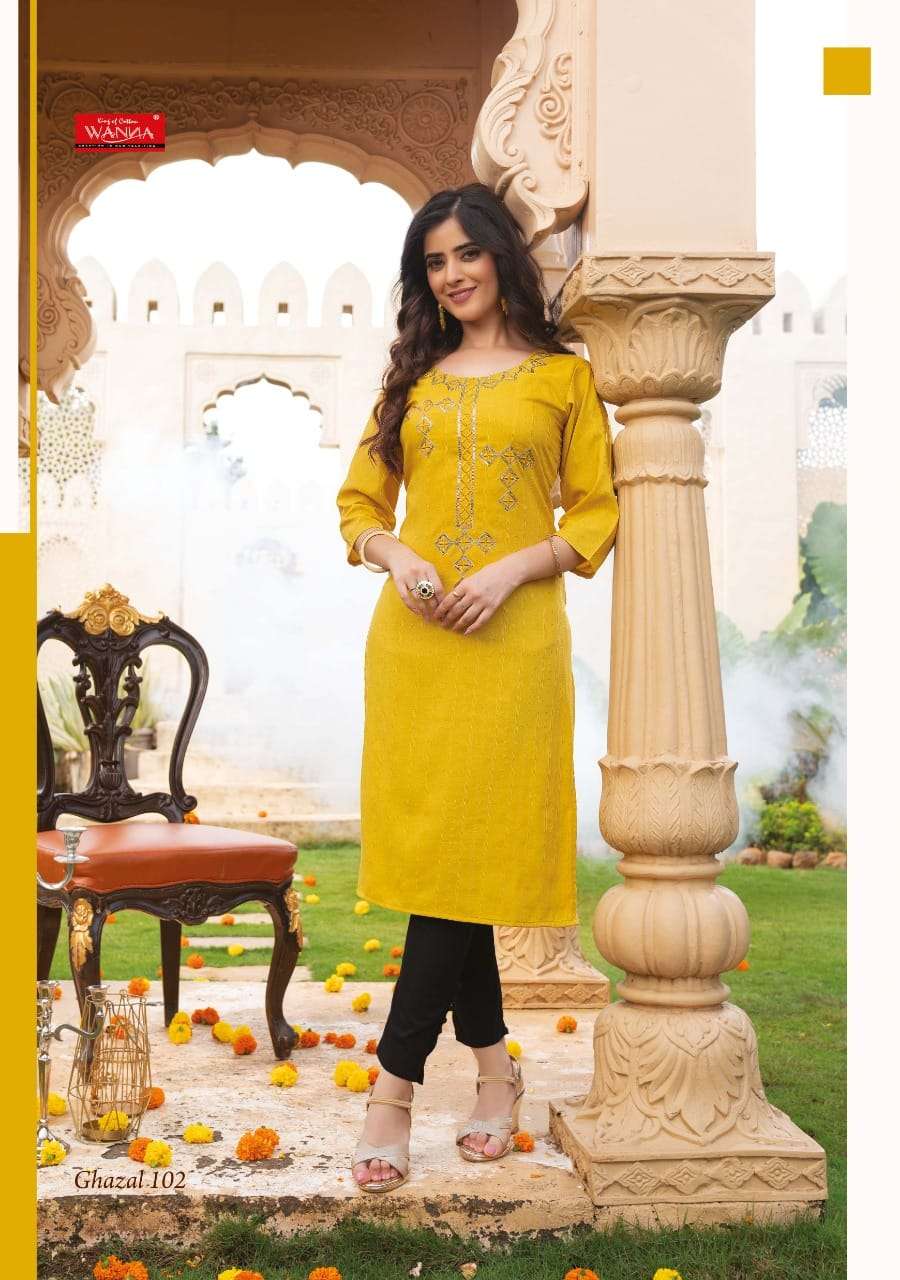 GHAZAL BY WANNA 101 TO 107 SERIES DESIGNER STYLISH FANCY COLORFUL BEAUTIFUL PARTY WEAR & ETHNIC WEAR COLLECTION RAYON FOIL KURTIS AT WHOLESALE PRICE