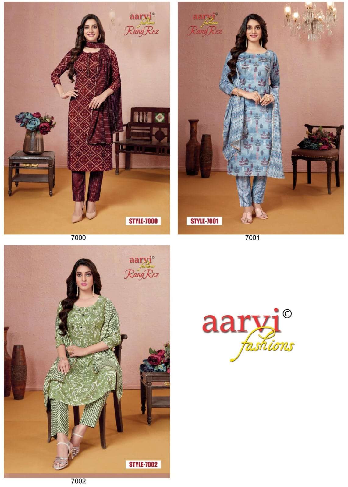 RANG REZ VOL-1 BY AARVI FASHION 7000 TO 7005 SERIES BEAUTIFUL SUITS COLORFUL STYLISH FANCY CASUAL WEAR & ETHNIC WEAR RAYON SLUB DRESSES AT WHOLESALE PRICE
