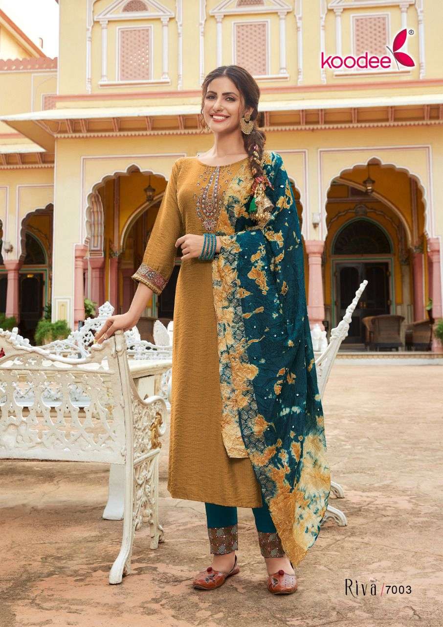 RIVA VOL-7 BY KOODEE 7001 TO 7006 SERIES BEAUTIFUL SUITS COLORFUL STYLISH FANCY CASUAL WEAR & ETHNIC WEAR NYLON VISCOSE DRESSES AT WHOLESALE PRICE