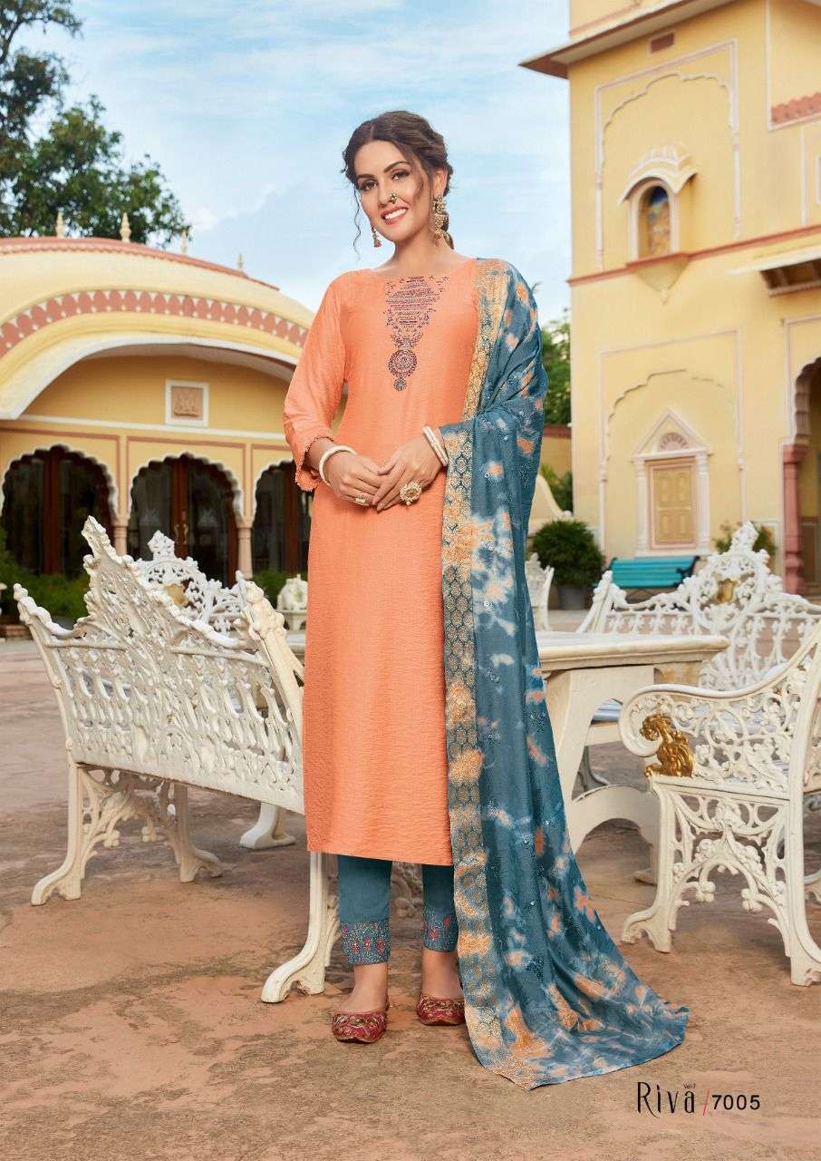 RIVA VOL-7 BY KOODEE 7001 TO 7006 SERIES BEAUTIFUL SUITS COLORFUL STYLISH FANCY CASUAL WEAR & ETHNIC WEAR NYLON VISCOSE DRESSES AT WHOLESALE PRICE