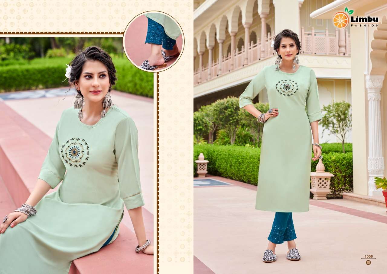 SANAYA BY LIMBU FASHION 1001 TO 1007 SERIES BEAUTIFUL STYLISH FANCY COLORFUL CASUAL WEAR & ETHNIC WEAR FANCY KURTIS WITH BOTTOM AT WHOLESALE PRICE