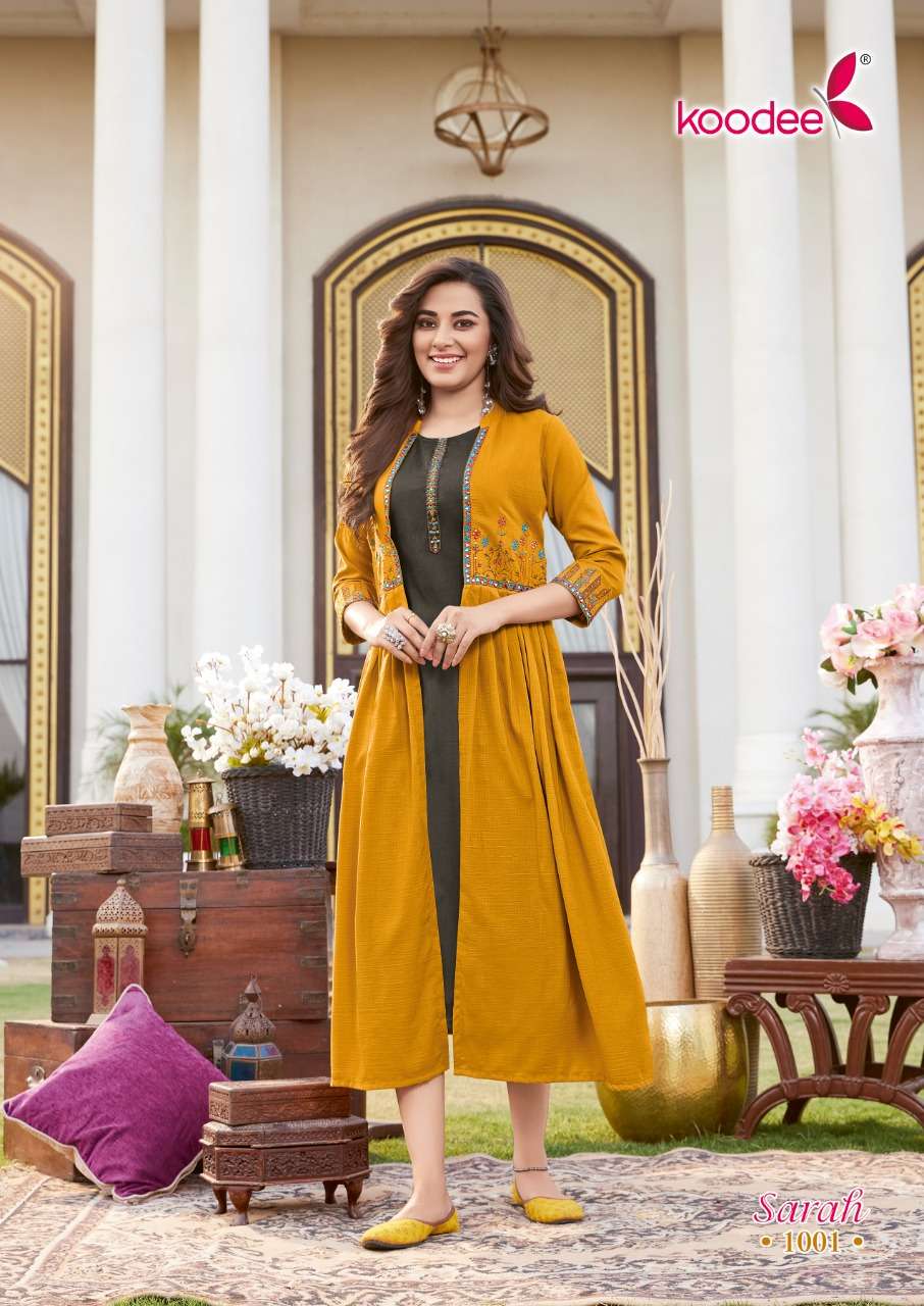 Sarah By Koodee 1001 To 1004 Series Beautiful Stylish Fancy Colorful Casual Wear & Ethnic Wear & Ready To Wear Chinnon Kurtis With Shrug At Wholesale Price