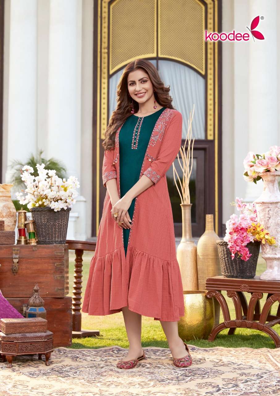 Sarah By Koodee 1001 To 1004 Series Beautiful Stylish Fancy Colorful Casual Wear & Ethnic Wear & Ready To Wear Chinnon Kurtis With Shrug At Wholesale Price