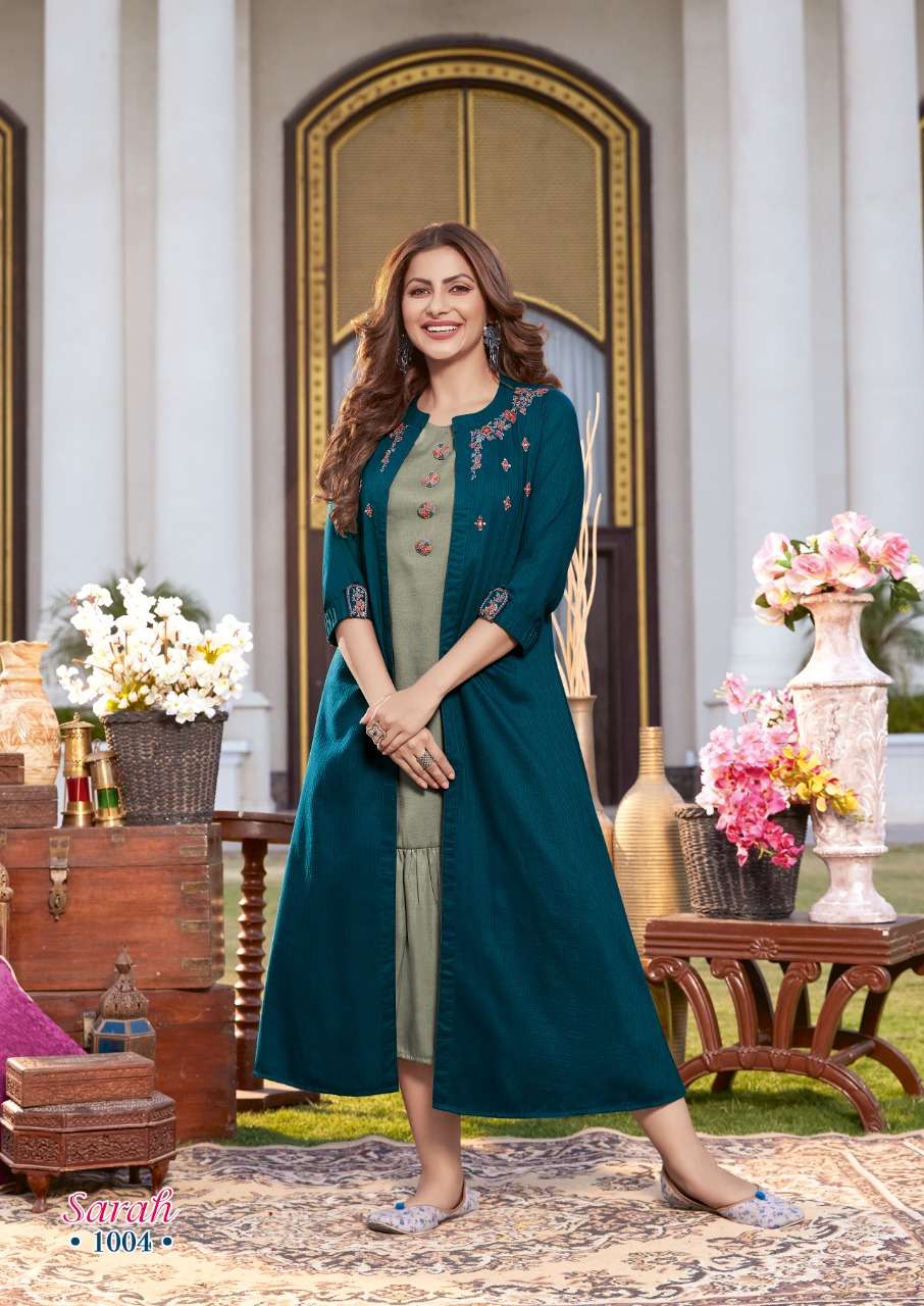 Sarah By Koodee 1001 To 1004 Series Beautiful Stylish Fancy Colorful Casual Wear & Ethnic Wear & Ready To Wear Chinnon Kurtis With Shrug At Wholesale Price