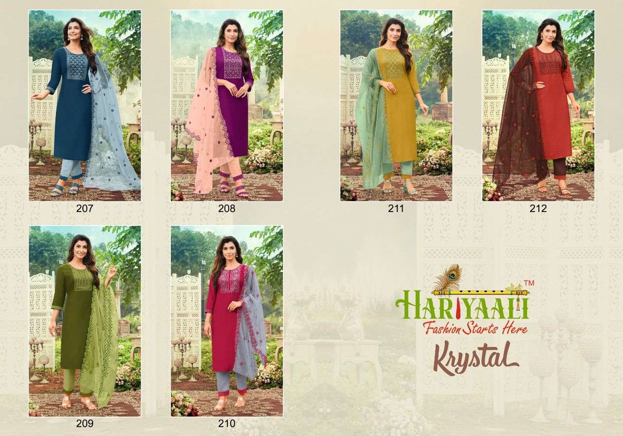 KRYSTAL BY HARIYAALI 207 TO 212 SERIES BEAUTIFUL SUITS COLORFUL STYLISH FANCY CASUAL WEAR & ETHNIC WEAR SILK DRESSES AT WHOLESALE PRICE