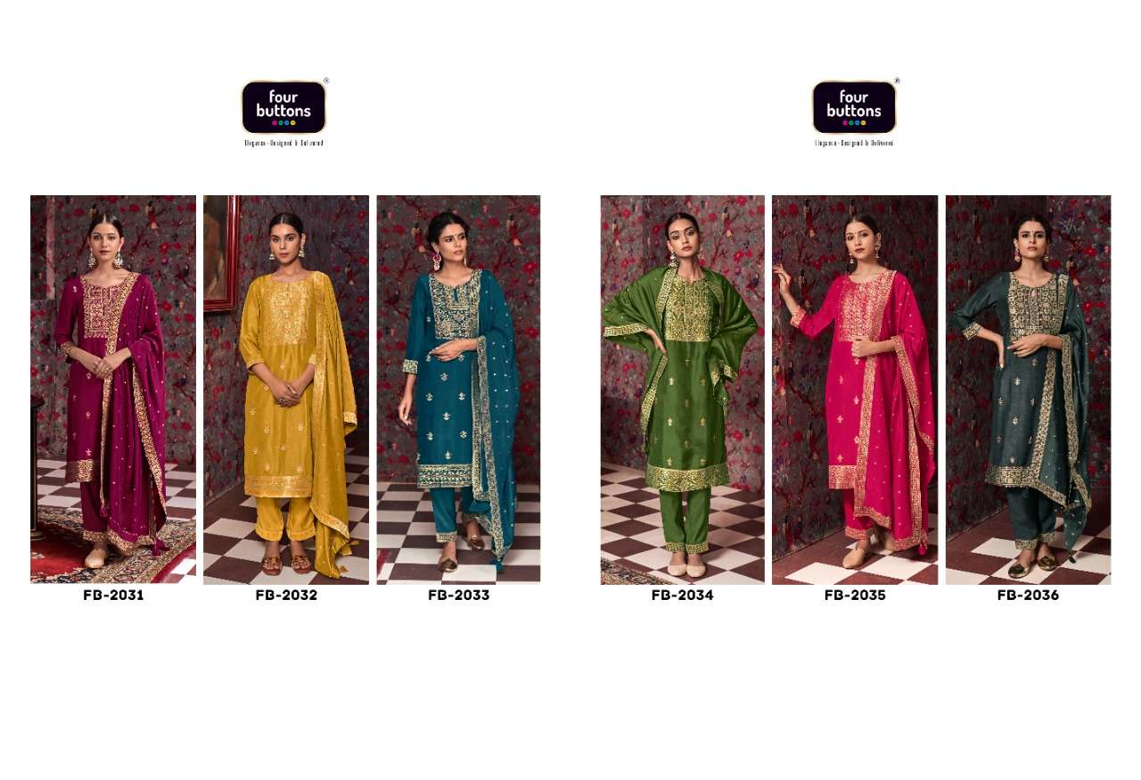 KHWAAB BY FOUR BUTTONS 2031 TO 2036 SERIES BEAUTIFUL SUITS COLORFUL STYLISH FANCY CASUAL WEAR & ETHNIC WEAR PURE VISCOSE SILK DRESSES AT WHOLESALE PRICE