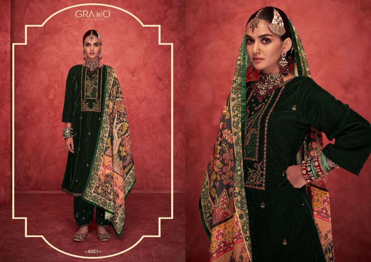 VELVET VOL-6 BY GRAMO 4001 TO 4004 SERIES BEAUTIFUL SUITS COLORFUL STYLISH FANCY CASUAL WEAR & ETHNIC WEAR HEAVY VELVET DRESSES AT WHOLESALE PRICE