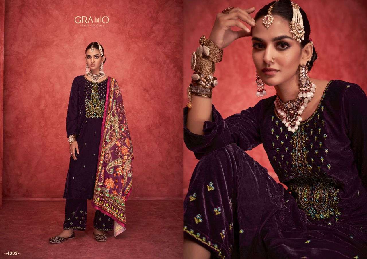 VELVET VOL-6 BY GRAMO 4001 TO 4004 SERIES BEAUTIFUL SUITS COLORFUL STYLISH FANCY CASUAL WEAR & ETHNIC WEAR HEAVY VELVET DRESSES AT WHOLESALE PRICE