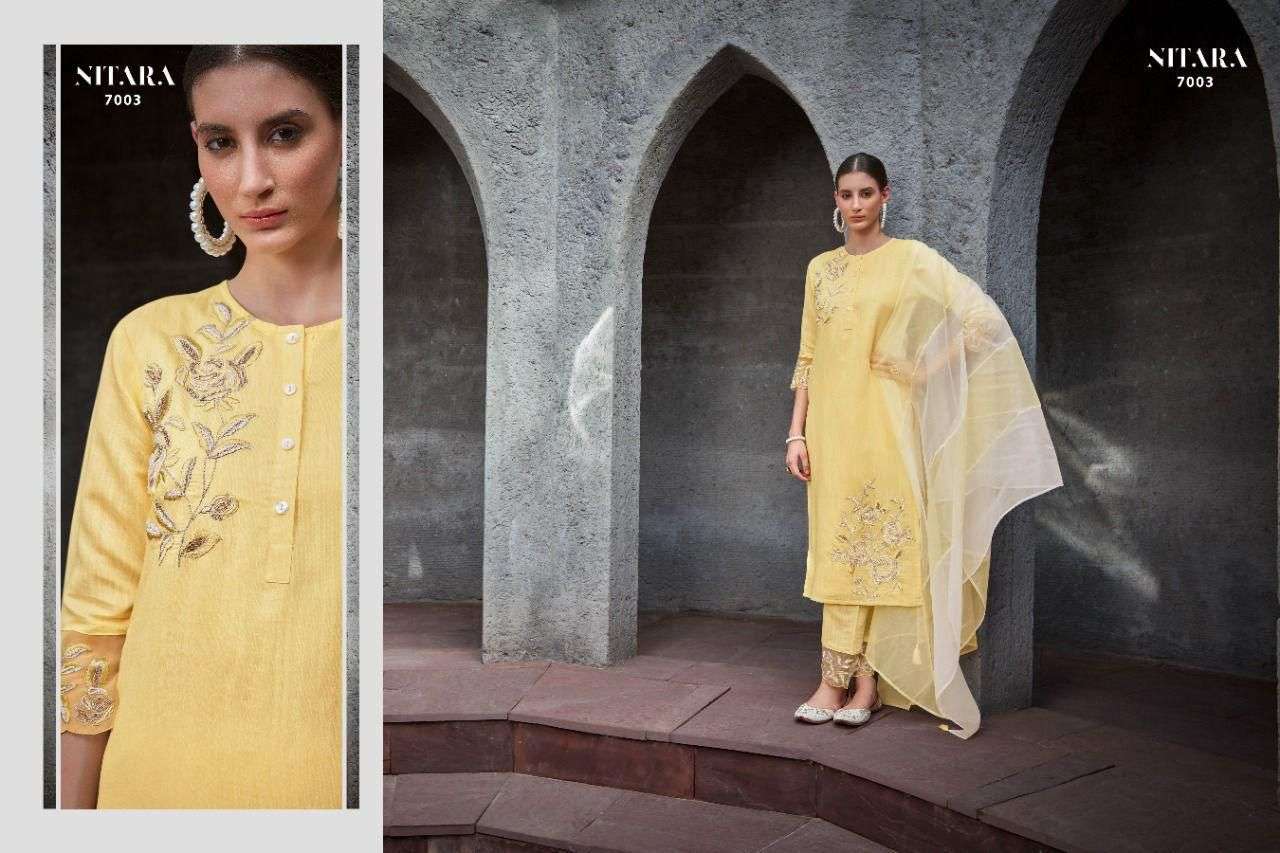PRISHA VOL-2 BY NITARA 7001 TO 7006 SERIES DESIGNER SUITS BEAUTIFUL FANCY COLORFUL STYLISH PARTY WEAR & OCCASIONAL WEAR PURE CHANDERI SLUB DRESSES AT WHOLESALE PRICE