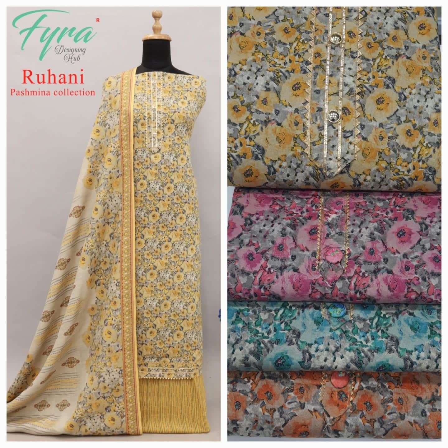 RUHANI BY FYRA 01 TO 16 SERIES BEAUTIFUL SUITS COLORFUL STYLISH FANCY CASUAL WEAR & ETHNIC WEAR PURE PASHMINA PRINT DRESSES AT WHOLESALE PRICE