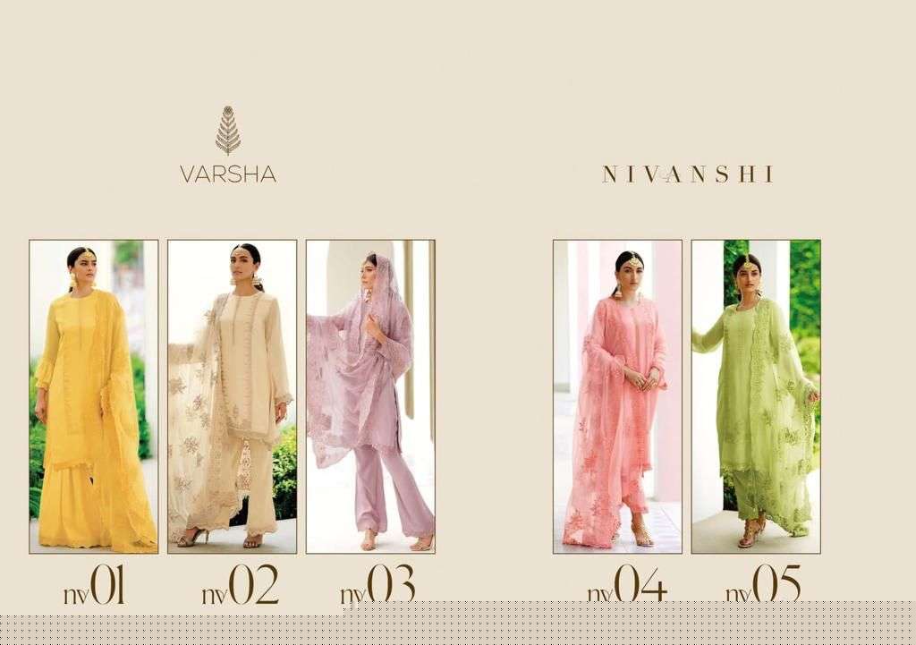 NIVANSHI BY VARSHA 01 TO 05 SERIES SUITS BEAUTIFUL FANCY COLORFUL STYLISH PARTY WEAR & OCCASIONAL WEAR PURE VISCOSE ORGANZA EMBROIDERY DRESSES AT WHOLESALE PRICE