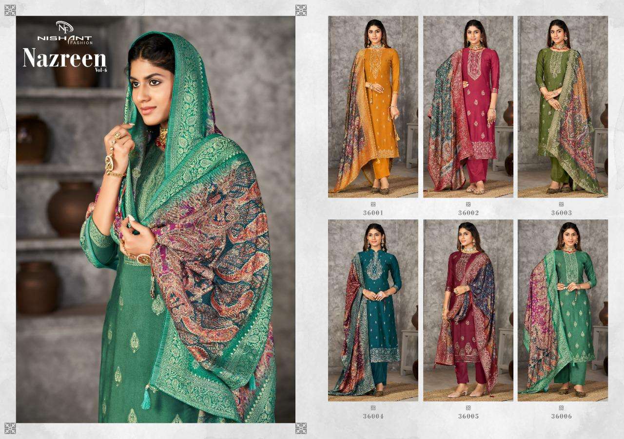 NAZREEN VOL-6 BY NISHANT FASHION 36001 TO 36006 SERIES BEAUTIFUL SUITS COLORFUL STYLISH FANCY CASUAL WEAR & ETHNIC WEAR PURE PASHMINA JACQUARD DRESSES AT WHOLESALE PRICE