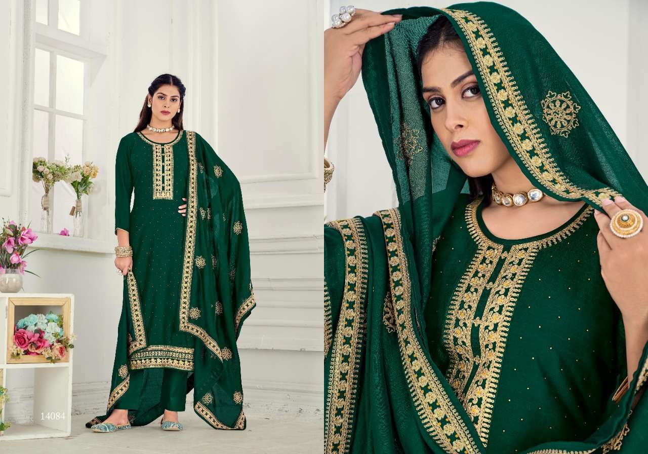 KALAVRUTI BY PANCH RATNA 14081 TO 14085 SERIES SUITS BEAUTIFUL FANCY COLORFUL STYLISH PARTY WEAR & OCCASIONAL WEAR PURE VICHITRA SILK DRESSES AT WHOLESALE PRICE