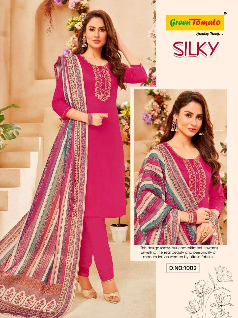 SILKY BY GREEN TOMATO 1001 TO 1008 SERIES BEAUTIFUL SUITS COLORFUL STYLISH FANCY CASUAL WEAR & ETHNIC WEAR CHANDERI DRESSES AT WHOLESALE PRICE