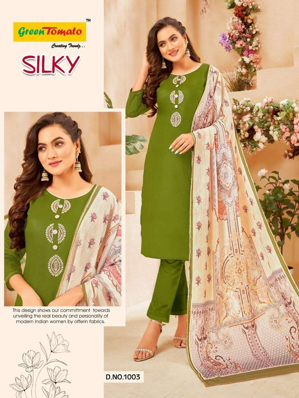 SILKY BY GREEN TOMATO 1001 TO 1008 SERIES BEAUTIFUL SUITS COLORFUL STYLISH FANCY CASUAL WEAR & ETHNIC WEAR CHANDERI DRESSES AT WHOLESALE PRICE