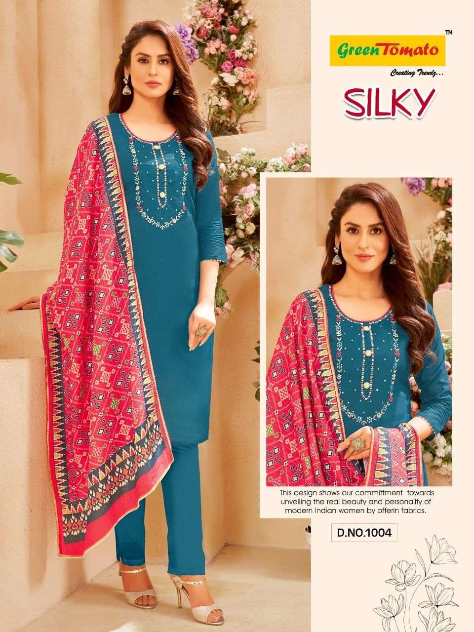 SILKY BY GREEN TOMATO 1001 TO 1008 SERIES BEAUTIFUL SUITS COLORFUL STYLISH FANCY CASUAL WEAR & ETHNIC WEAR CHANDERI DRESSES AT WHOLESALE PRICE