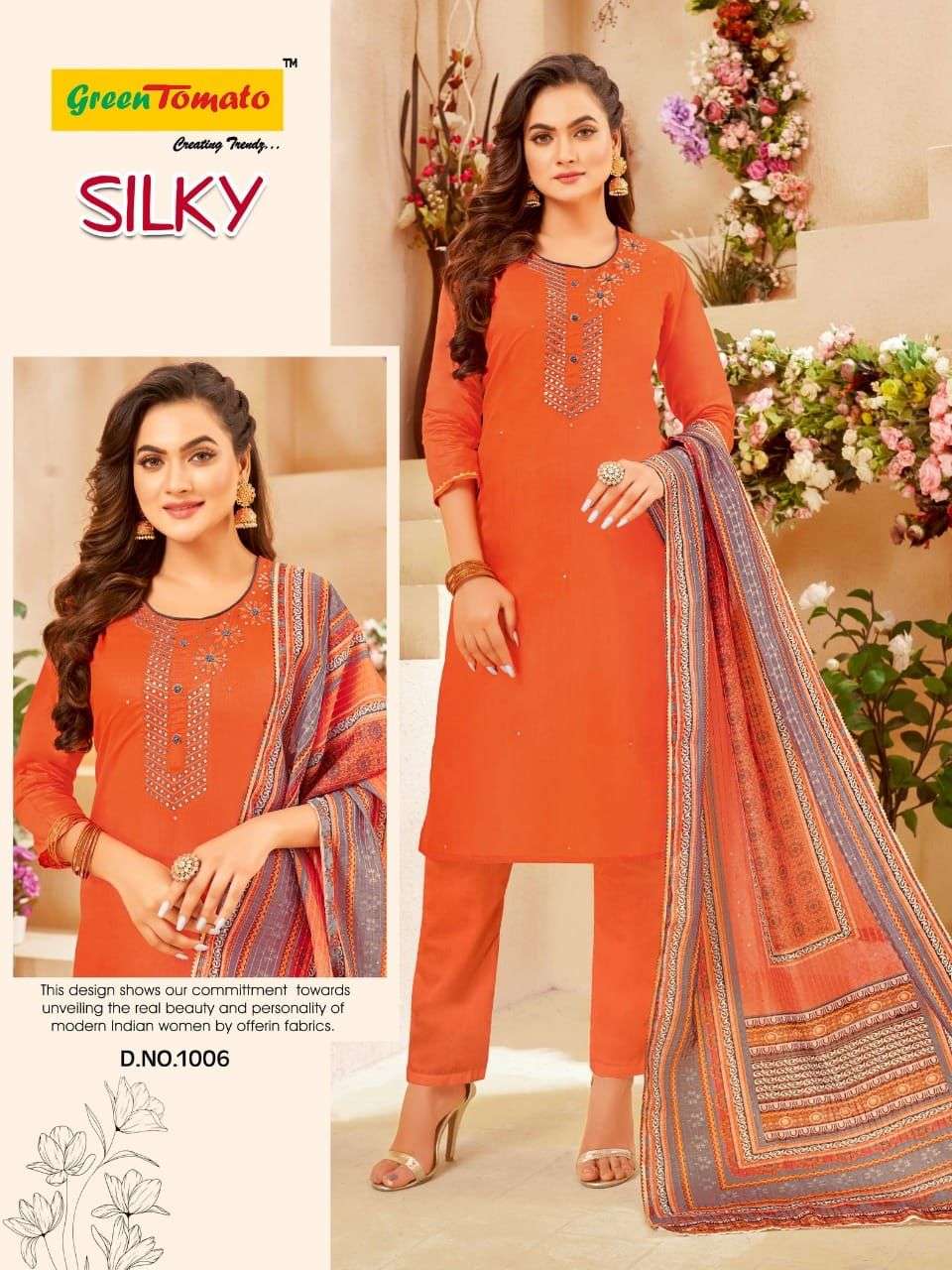 SILKY BY GREEN TOMATO 1001 TO 1008 SERIES BEAUTIFUL SUITS COLORFUL STYLISH FANCY CASUAL WEAR & ETHNIC WEAR CHANDERI DRESSES AT WHOLESALE PRICE