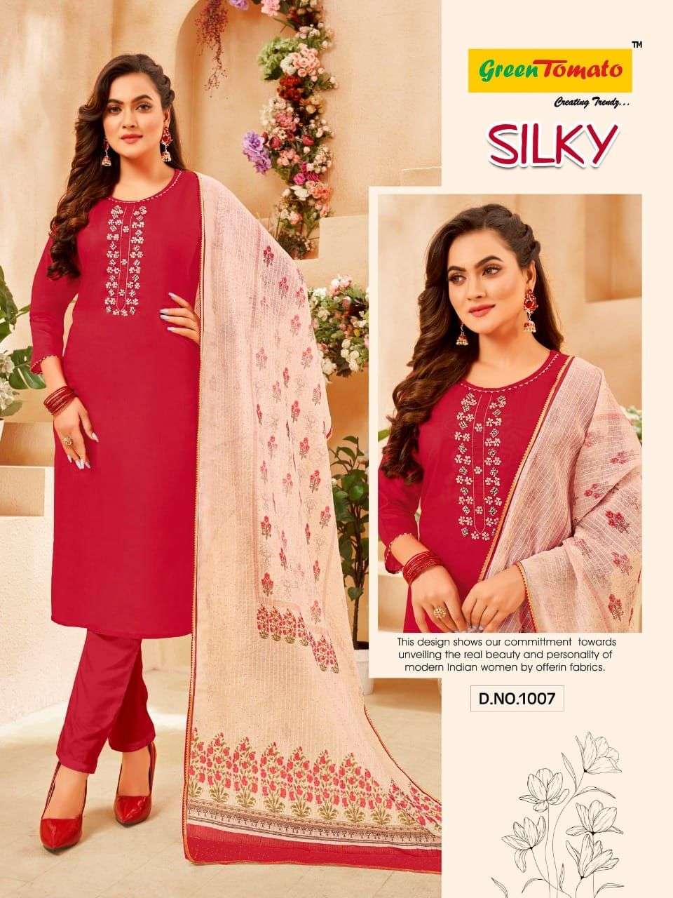 SILKY BY GREEN TOMATO 1001 TO 1008 SERIES BEAUTIFUL SUITS COLORFUL STYLISH FANCY CASUAL WEAR & ETHNIC WEAR CHANDERI DRESSES AT WHOLESALE PRICE
