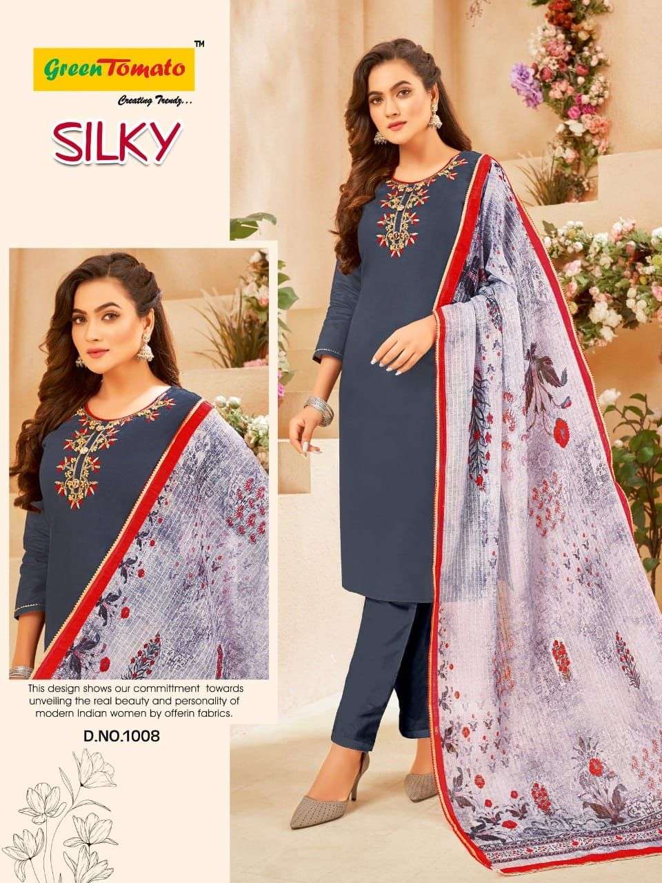 SILKY BY GREEN TOMATO 1001 TO 1008 SERIES BEAUTIFUL SUITS COLORFUL STYLISH FANCY CASUAL WEAR & ETHNIC WEAR CHANDERI DRESSES AT WHOLESALE PRICE