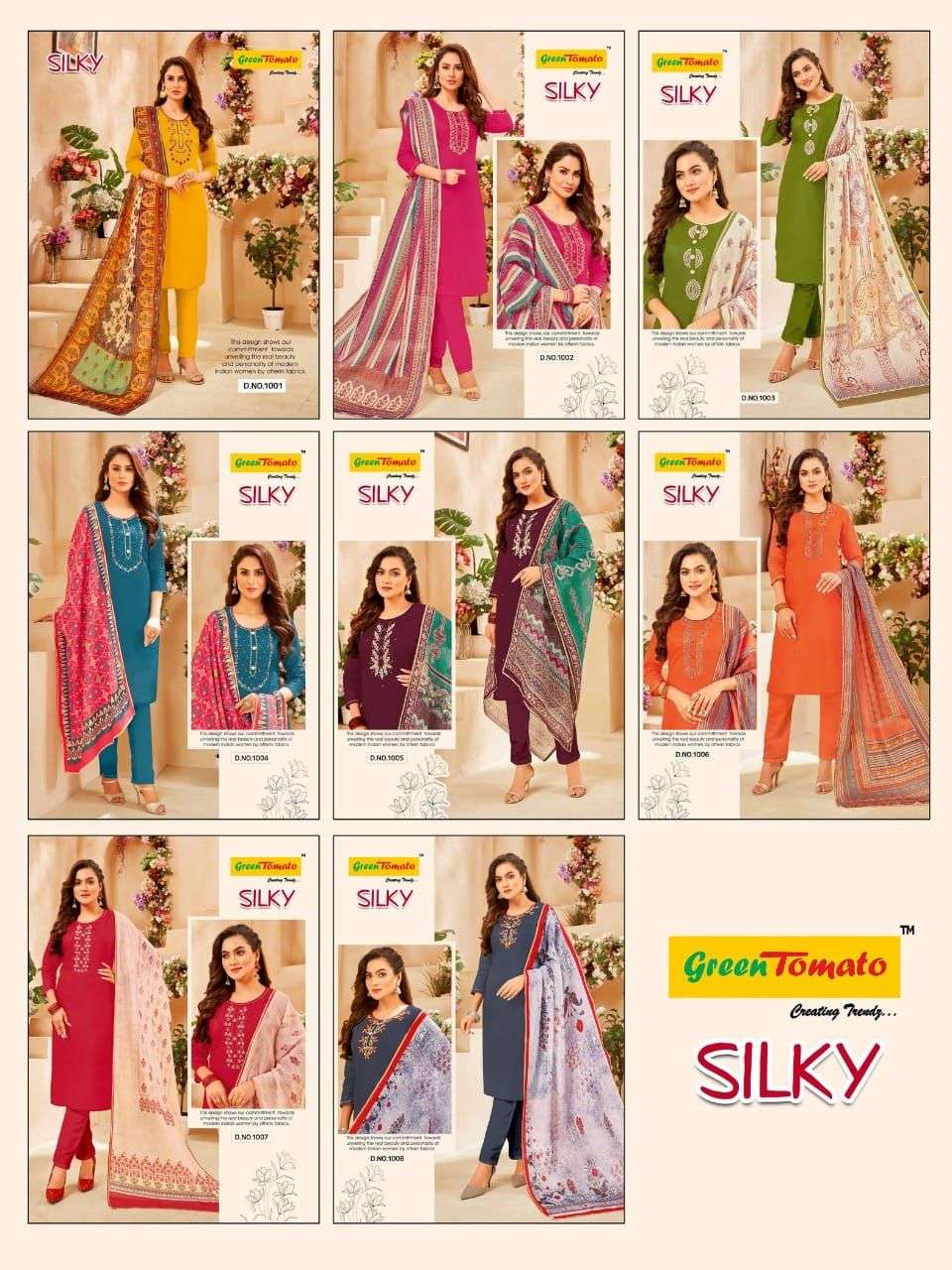 SILKY BY GREEN TOMATO 1001 TO 1008 SERIES BEAUTIFUL SUITS COLORFUL STYLISH FANCY CASUAL WEAR & ETHNIC WEAR CHANDERI DRESSES AT WHOLESALE PRICE