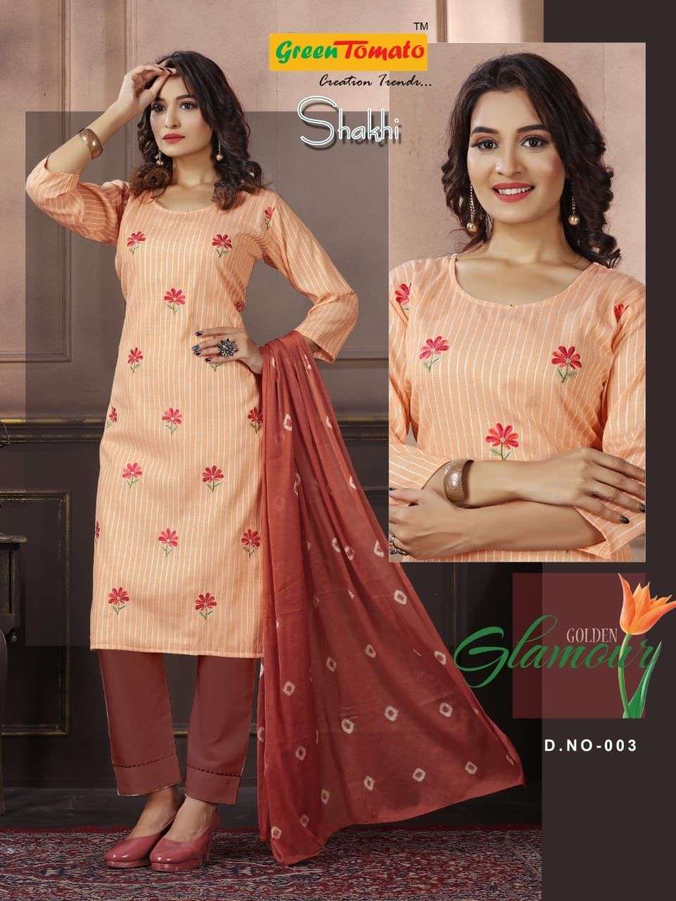 SAKHI BY GREEN TOMATO 001 TO 008 SERIES BEAUTIFUL SUITS COLORFUL STYLISH FANCY CASUAL WEAR & ETHNIC WEAR FANCY DRESSES AT WHOLESALE PRICE