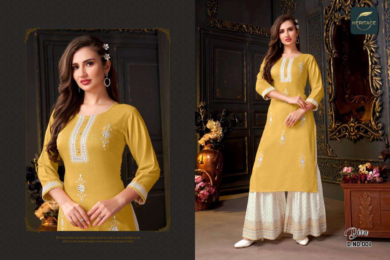 DIVA BY HERITAGE 001 TO 005 SERIES BEAUTIFUL STYLISH FANCY COLORFUL CASUAL WEAR & ETHNIC WEAR RAYON KURTIS WITH BOTTOM AT WHOLESALE PRICE