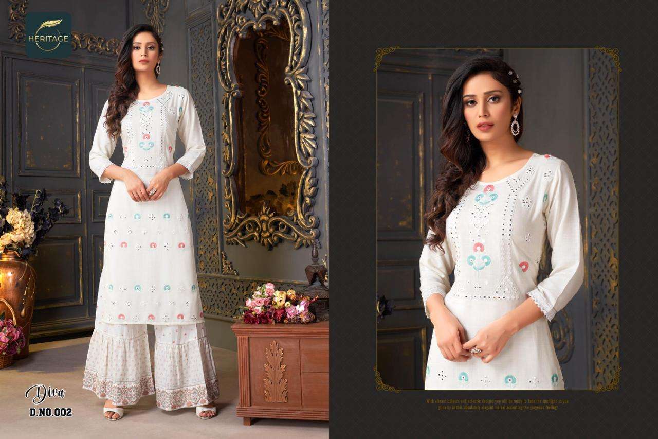 DIVA BY HERITAGE 001 TO 005 SERIES BEAUTIFUL STYLISH FANCY COLORFUL CASUAL WEAR & ETHNIC WEAR RAYON KURTIS WITH BOTTOM AT WHOLESALE PRICE