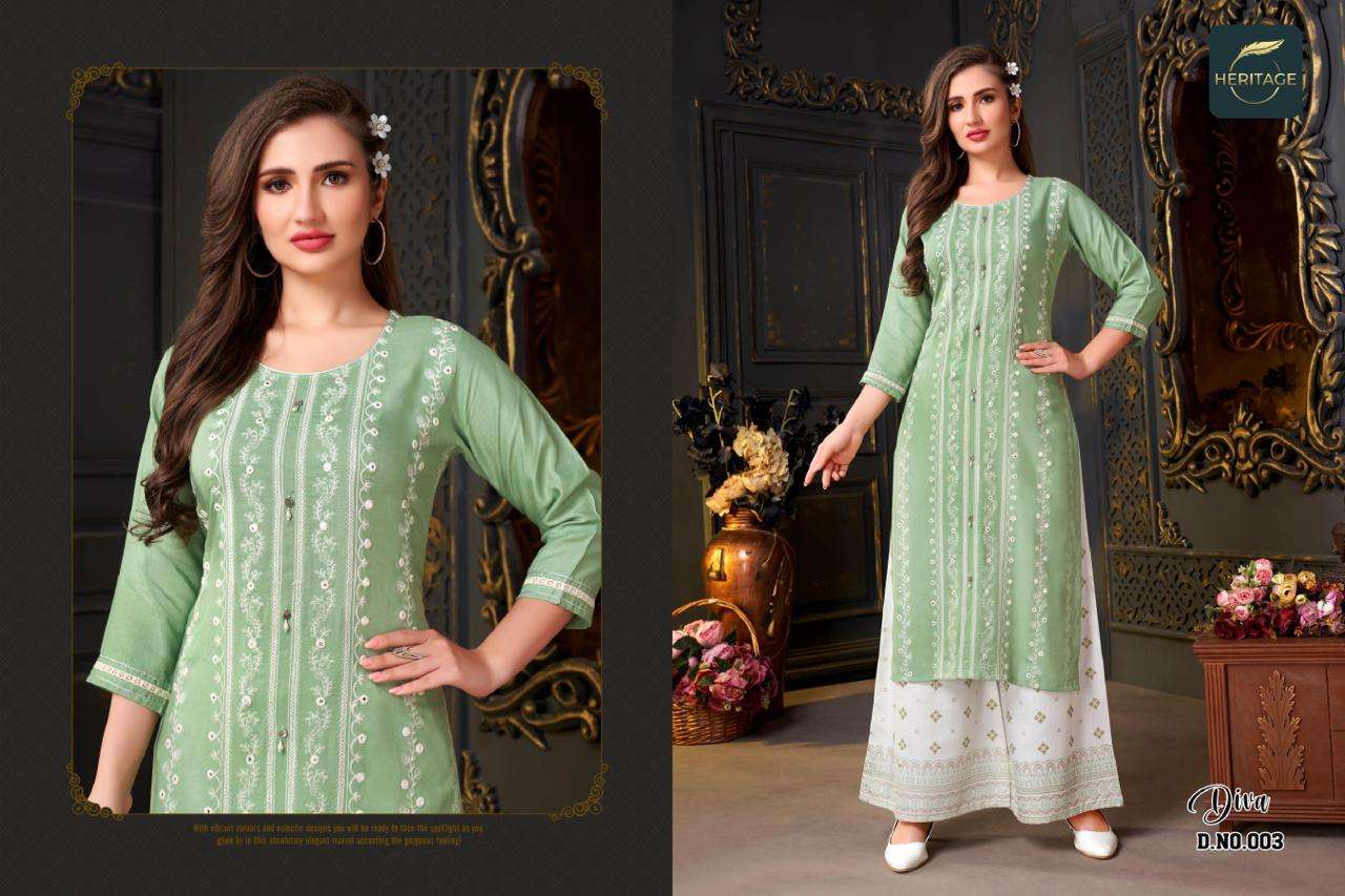 DIVA BY HERITAGE 001 TO 005 SERIES BEAUTIFUL STYLISH FANCY COLORFUL CASUAL WEAR & ETHNIC WEAR RAYON KURTIS WITH BOTTOM AT WHOLESALE PRICE