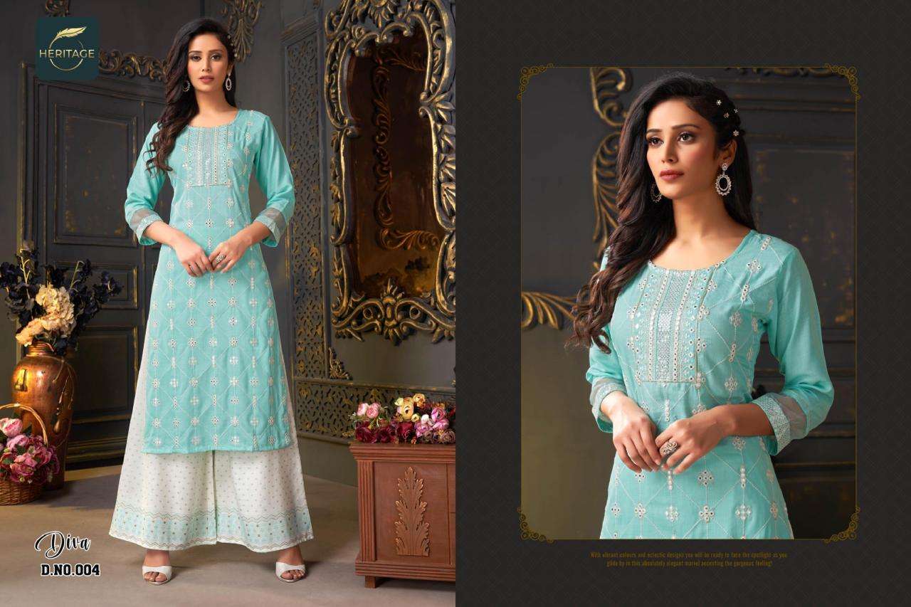 DIVA BY HERITAGE 001 TO 005 SERIES BEAUTIFUL STYLISH FANCY COLORFUL CASUAL WEAR & ETHNIC WEAR RAYON KURTIS WITH BOTTOM AT WHOLESALE PRICE