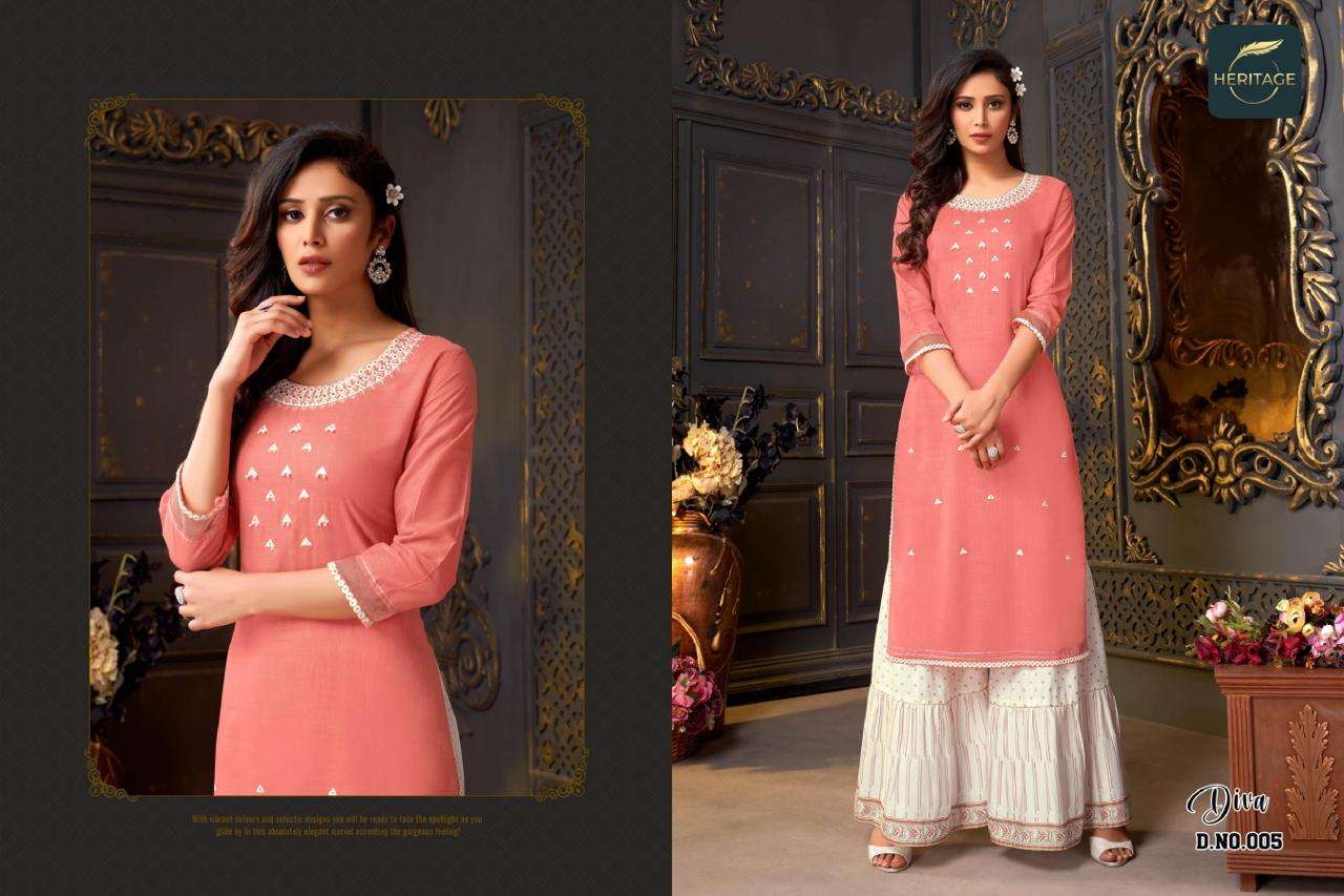DIVA BY HERITAGE 001 TO 005 SERIES BEAUTIFUL STYLISH FANCY COLORFUL CASUAL WEAR & ETHNIC WEAR RAYON KURTIS WITH BOTTOM AT WHOLESALE PRICE