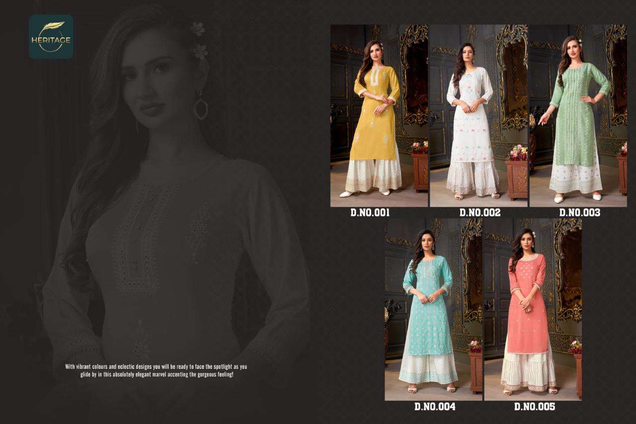 DIVA BY HERITAGE 001 TO 005 SERIES BEAUTIFUL STYLISH FANCY COLORFUL CASUAL WEAR & ETHNIC WEAR RAYON KURTIS WITH BOTTOM AT WHOLESALE PRICE