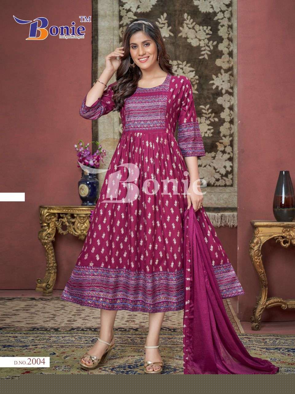 PUSHPA VOL-2 BY BONIE 2001 TO 2008 SERIES BEAUTIFUL STYLISH FANCY COLORFUL CASUAL WEAR & ETHNIC WEAR PURE RAYON KURTI WITH DUPATTA AT WHOLESALE PRICE
