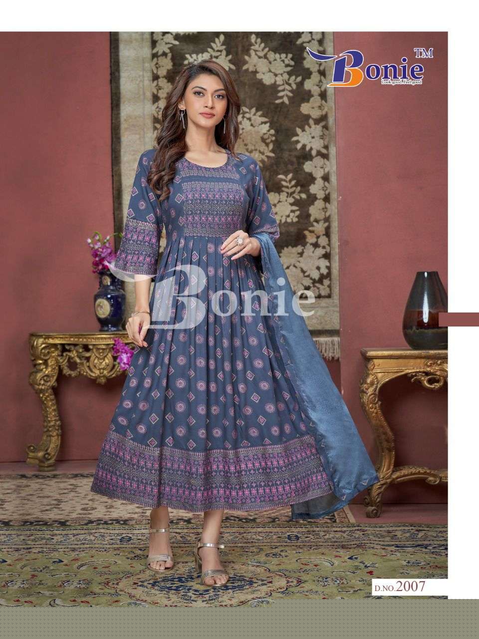 PUSHPA VOL-2 BY BONIE 2001 TO 2008 SERIES BEAUTIFUL STYLISH FANCY COLORFUL CASUAL WEAR & ETHNIC WEAR PURE RAYON KURTI WITH DUPATTA AT WHOLESALE PRICE